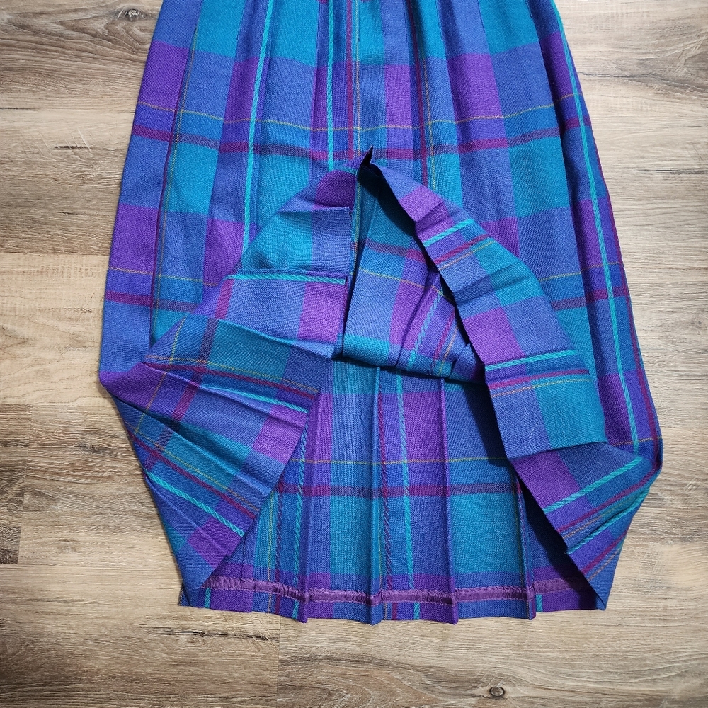VTG 1987 TJ Thermo Jac Pure Wool Pleated Midi Skirt Teal/Purple Plaid Waist 30" - Picture 2 of 10